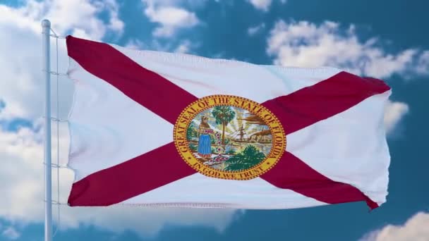 Drapeau de Floride sur un mât de drapeau agitant dans le vent dans le ciel. État de Floride aux États-Unis d'Amérique — Video