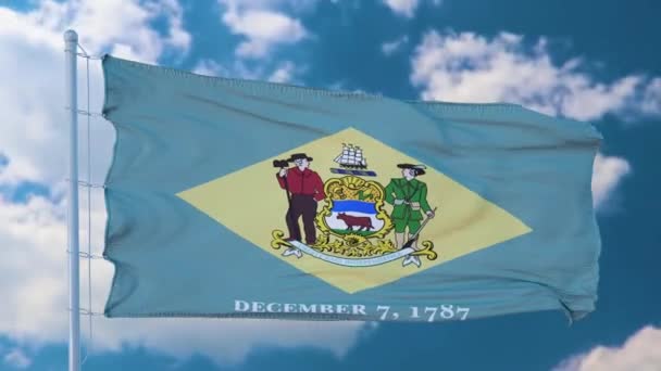 Делаверський прапор на флагштоку розмахує вітром у небі. Штат Делавер у Сполучених Штатах Америки — стокове відео