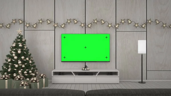 Boże Narodzenie Salon Telewizor Utwór Zielony Ekran Renderowanie — Zdjęcie stockowe