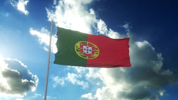 Flaga Portugalii Machająca Wiatrem Przeciwko Pięknemu Błękitnemu Niebu Renderowanie — Zdjęcie stockowe