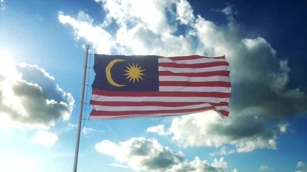 Malajzia Zászlója Ahogy Szél Gyönyörű Kék Ellen Integet Renderelés — Stock Fotó