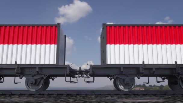 Containers met de vlag van Indonesië. Spoorvervoer — Stockvideo