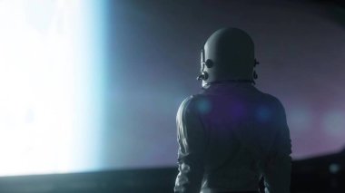 Fütürist uzay gemisinde yalnız astronot, oda. 3d oluşturma.