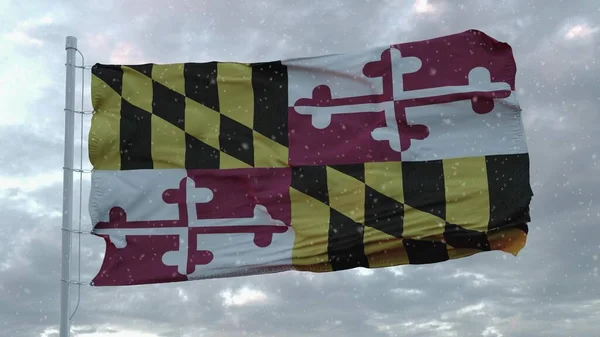 Maryland Drapeau Hiver Avec Fond Flocons Neige États Unis Amérique — Photo