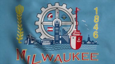 Milwaukee şehri Wisconsin bayrağı, rüzgarda sallanıyor. Gerçekçi bayrak arkaplanı