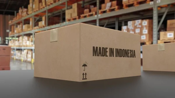 Boîtes Avec Texte Made Indonesia Sur Convoyeur Rendu — Photo