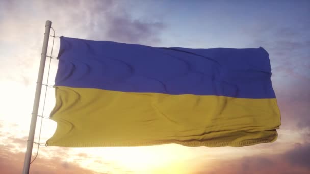 Bandera de Ucrania ondeando en el viento, cielo y sol de fondo — Vídeos de Stock