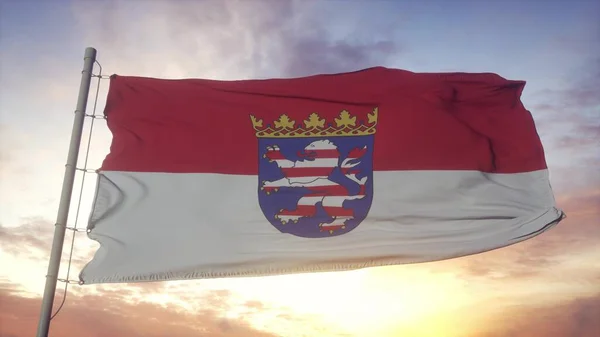 Bandera Hesse Alemania Ondeando Viento Cielo Fondo Del Sol Renderizado — Foto de Stock