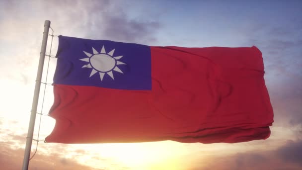Bandiera di Taiwan sventola nel vento, cielo e sfondo sole — Video Stock