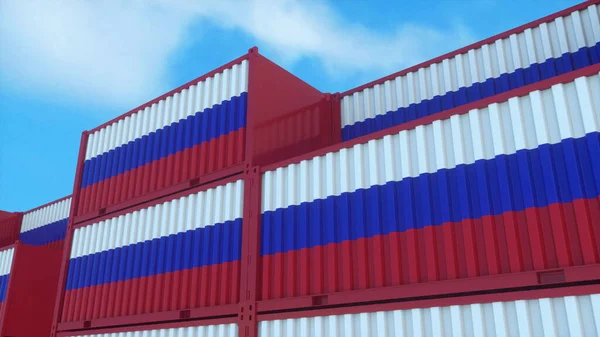 Container unter russischer Flagge stehen am Containerterminal. Russland Export- oder Importkonzept. 3D-Darstellung — Stockfoto