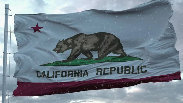 Bandeira de inverno da Califórnia com fundo de flocos de neve. Estados Unidos da América. Renderização 3d — Fotografia de Stock