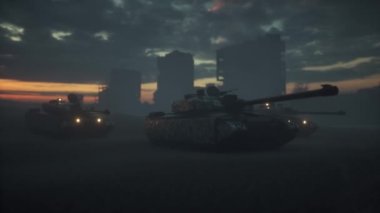 Harabe şehirdeki askeri tanklar. Harabe şehirde savaş