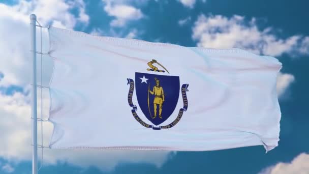 Bandera del estado de Massachusetts, región de los Estados Unidos, ondeando al viento — Vídeos de Stock