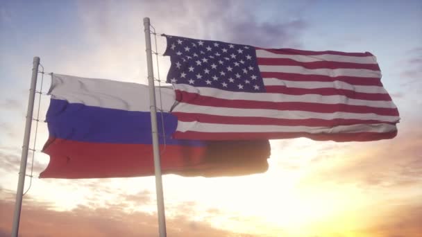 ロシア連邦とアメリカの国旗が風になびく — ストック動画
