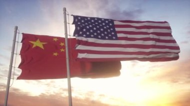 Bayrak direğinde ABD ve Çin bayrağı. Amerika Birleşik Devletleri ve Çin rüzgarda bayrak sallıyor. ABD ve Çin Ticaret Savaşı