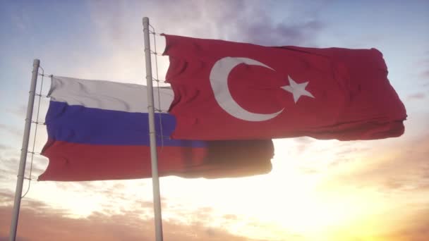 Die Flagge der Türkei und Russlands weht am Fahnenmast. Die Türkei und Russland schwenken Flagge im Wind. Diplomatisches Konzept der Türkei und Russlands — Stockvideo