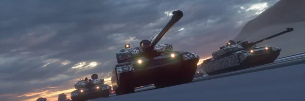 Şehirdeki askeri tanklar. Savaş kavramı. 3d illüstrasyon — Stok fotoğraf