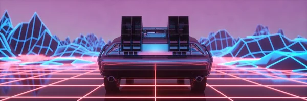 Auto v neonovém kyberpunkovém stylu. Zpětná vlna 80. let. Retro futuristické auto projíždí neonovým městem. 3D ilustrace — Stock fotografie