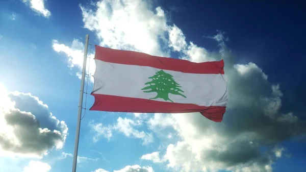 レバノンのフラグは、美しい青空に対して風に手を振る。3Dレンダリング — ストック写真