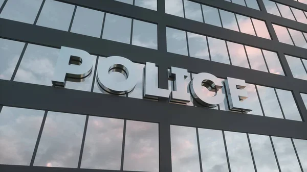 현대의 유리 초고층 건물에 경찰 이 사인을 하고 있어. 경찰 유리 건물. 3d 렌더링 — 스톡 사진