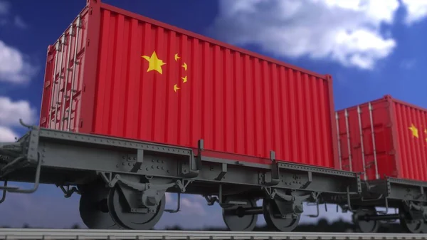 Conteneurs avec le drapeau de la Chine. Transport ferroviaire. Rendu 3d Image En Vente