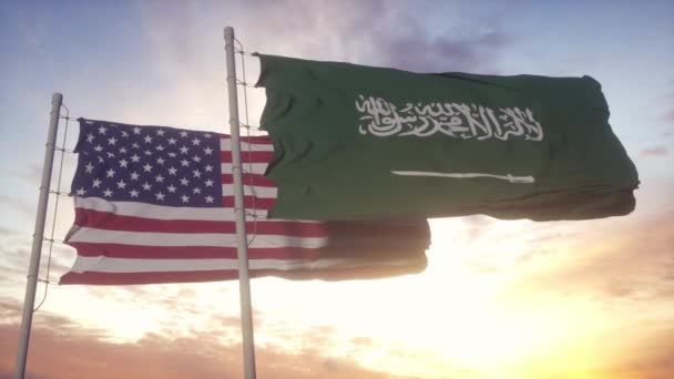 Saúdská Arábie a vlajka USA na vlajkovém stožáru. Saúdská Arábie a USA mávají ve větru vlajkou. Saúdská Arábie a USA diplomatický koncept — Stock video