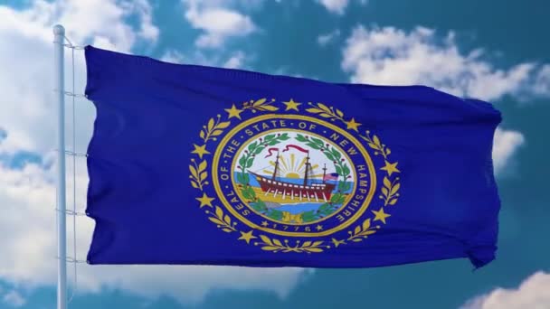Drapeau du New Hampshire sur un mât de drapeau agitant dans le vent, fond bleu ciel — Video