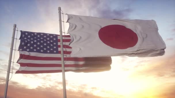 Japonsko a vlajka Spojených států na vlajkovém stožáru. Japonsko a Spojené státy mávají vlajkou ve větru. Japonsko a diplomatický koncept Spojených států — Stock video
