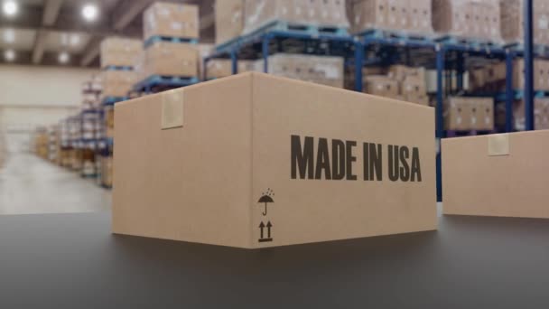 Коробки с текстом MADE IN USA на роликовом конвейере. Американские товары, связанные с зацикленной 3D анимацией — стоковое видео