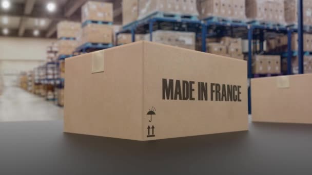 Коробки с надписью MADE IN FRANCE на конвейере. Продукция FRANCE, связанная с петлевой 3D анимацией — стоковое видео