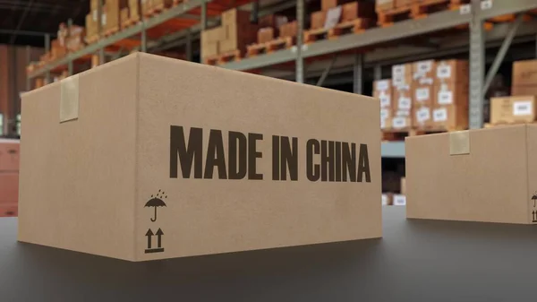 コンベア上の中国のテキストで作られたボックス。3Dイラスト — ストック写真