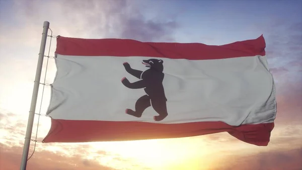 Berlínská vlajka, Německo, vlnící se ve větru, obloze a slunečním pozadí. 3D ilustrace — Stock fotografie