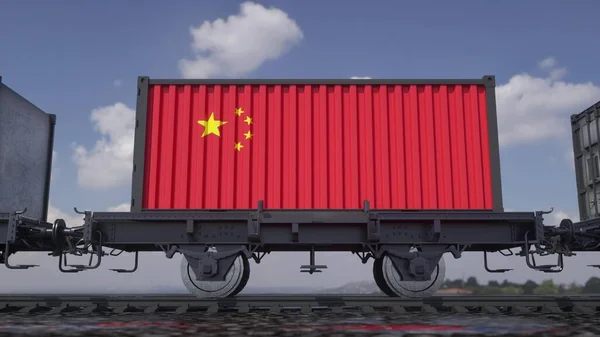 Container mit der Flagge Chinas. Eisenbahnverkehr. 3D-Illustration — Stockfoto