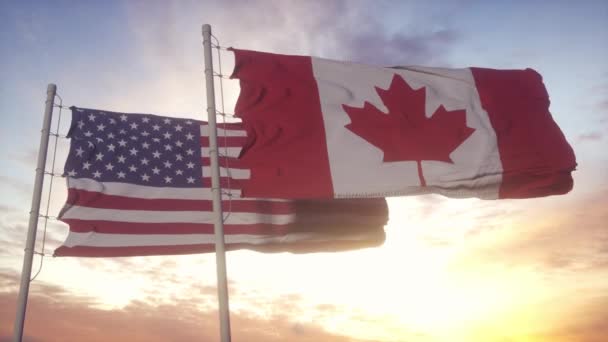 Drapeau du Canada et des États-Unis sur le mât. Le Canada et les États-Unis agitent leur drapeau dans le vent. Concept diplomatique du Canada et des États-Unis — Video