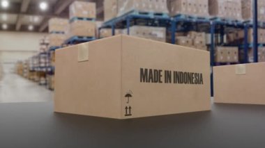 Indonezya metninde konveyör üzerine yapılmış kutular. Endonezya ürünleri ile ilgili döngü 3 boyutlu animasyon