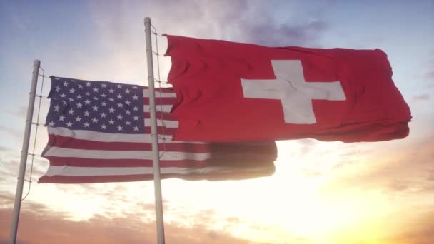 Švýcarsko a vlajka Spojených států na vlajkovém stožáru. Švýcarsko a Spojené státy mávají ve větru vlajkou. Švýcarsko a diplomatický koncept Spojených států — Stock video