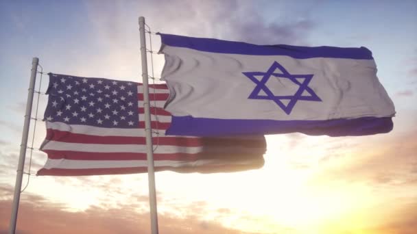 Bandera de Israel y Estados Unidos en asta de bandera. Israel y Estados Unidos ondeando bandera en el viento. Israel y los Estados Unidos concepto diplomático — Vídeos de Stock