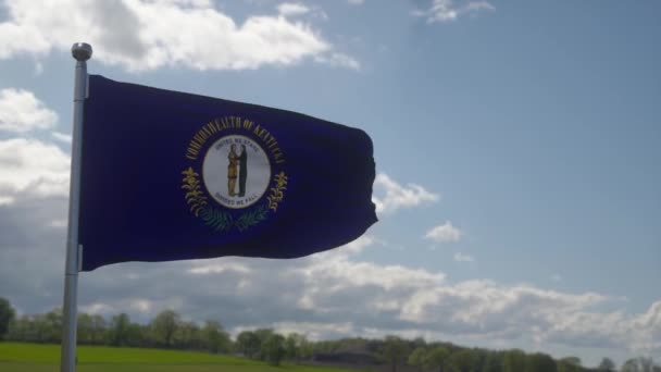 Bandera de Kentucky en un asta de la bandera ondeando en el viento en el cielo. Estado de Kentucky en Los Estados Unidos de América — Vídeo de stock