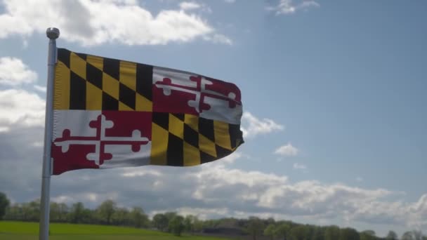 Bandera de Maryland en un asta de la bandera ondeando en el viento en el cielo. Estado de Maryland en Los Estados Unidos de América — Vídeo de stock