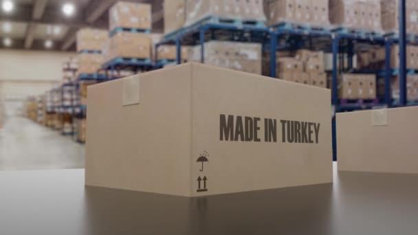 Scatole con testo MADE IN TURKEY su nastro trasportatore. Prodotti turchi relativi all'animazione 3D loop — Video Stock