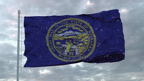 Nebraska wintervlag met sneeuwvlokken achtergrond. Verenigde Staten van Amerika. 3d destructie — Stockfoto