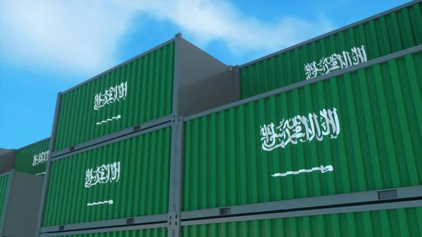 Los contenedores de bandera de Arabia Saudita se encuentran en la terminal de contenedores. Arabia Saudita concepto de exportación o importación. renderizado 3d —  Fotos de Stock
