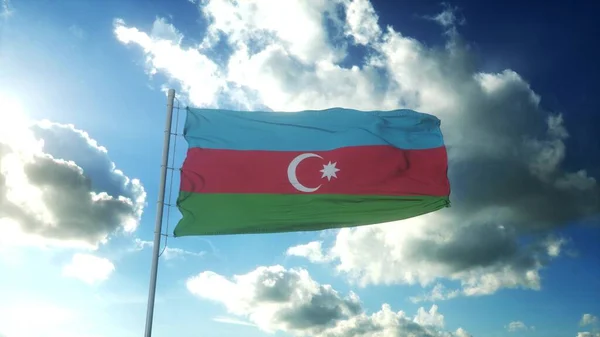 Azerbajdzsán Zászlója Amint Szél Gyönyörű Kék Ellen Integet Renderelés — Stock Fotó