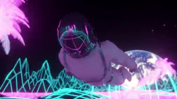 Astronaut omringd door knipperende neonlichten. Muziek en nachtclub concept. Retro 80s stijl synthwave achtergrond — Stockvideo