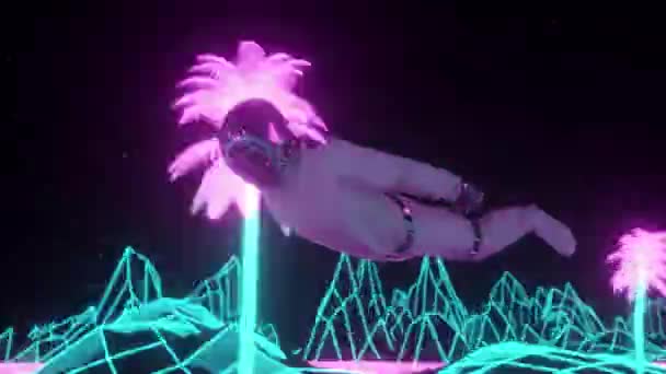 Astronaut înconjurat de lumini intermitente de neon. Conceptul de club de noapte și muzică. Retro 80 stil synthwave fundal — Videoclip de stoc