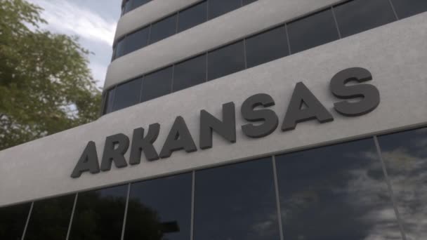 Знак Арканзаса на современном небоскребе. Арканзас — стоковое видео