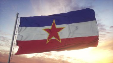 Yugoslavya 'nın ulusal bayrağı rüzgarda dalgalanıyor. 3d oluşturma.