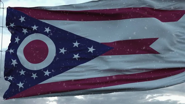 Ohio winter flag with snowflakes background. United States of America. 3d rendering.