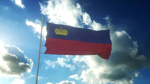 Liechtenstein zászlója lobogott a szélben a gyönyörű kék ég ellen. 3D-s renderelés — Stock Fotó