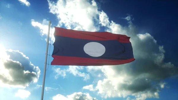 Bandeira do Laos acenando ao vento contra o belo céu azul. Renderização 3d — Fotografia de Stock